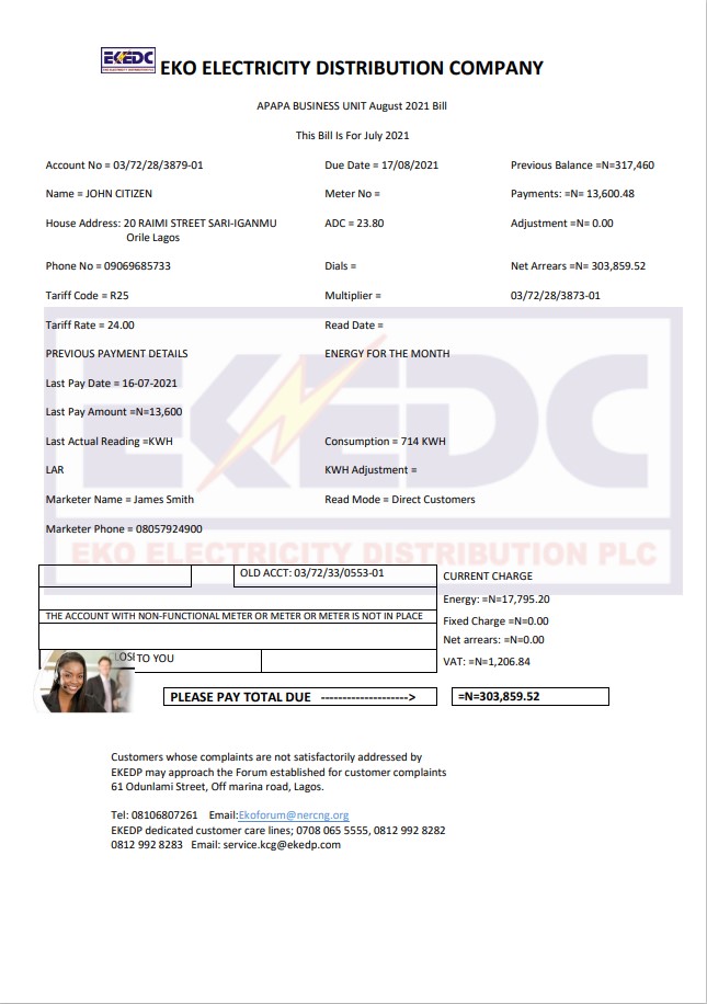 Nigeria Eko Electricity Distribution Company (EKEDC) utility bill template in Word and PDF format